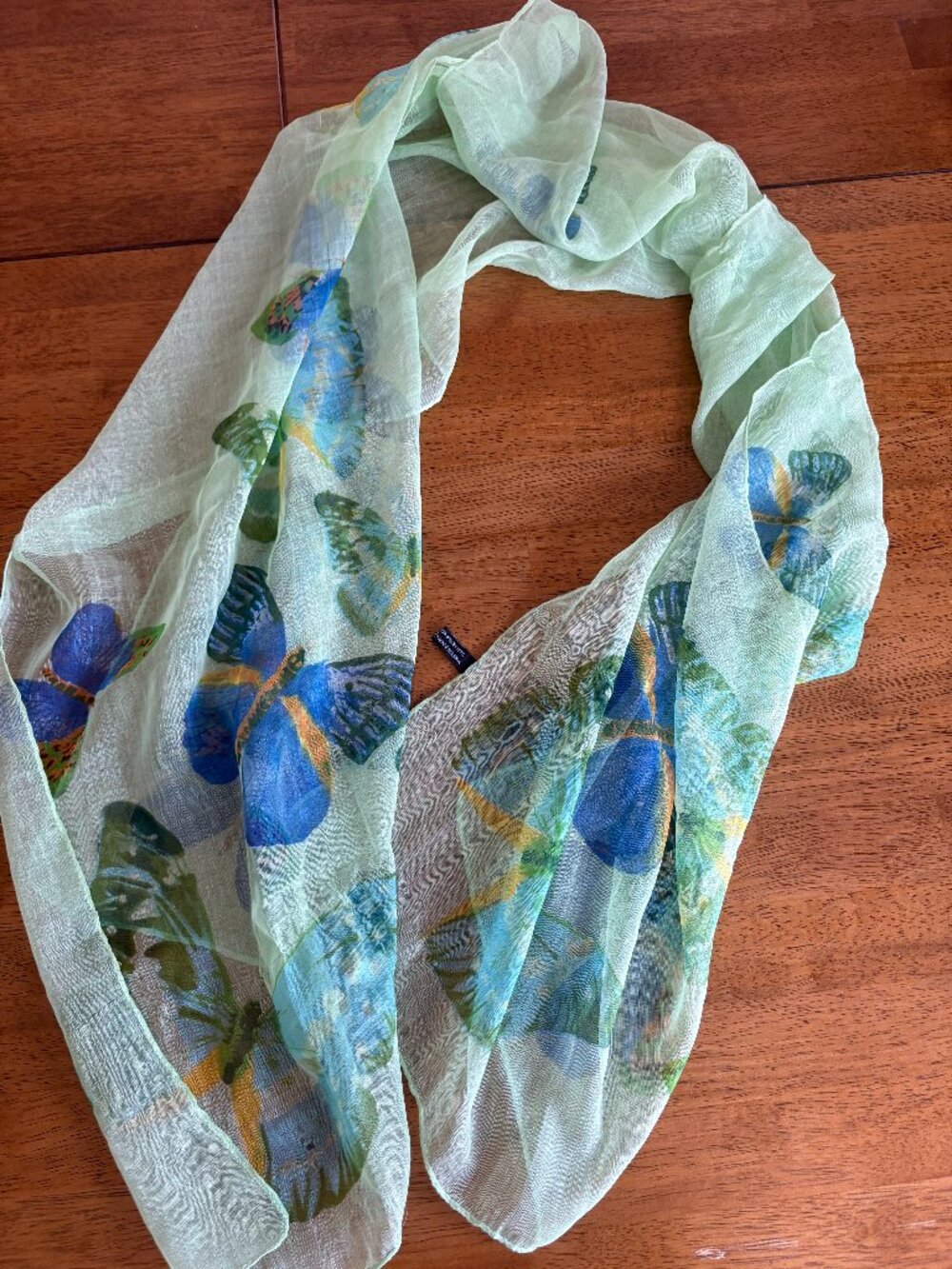 VINTAGE 90s Green Butterfly Scarf Sheer Blue Butterflies Whimsical Fairy Garden